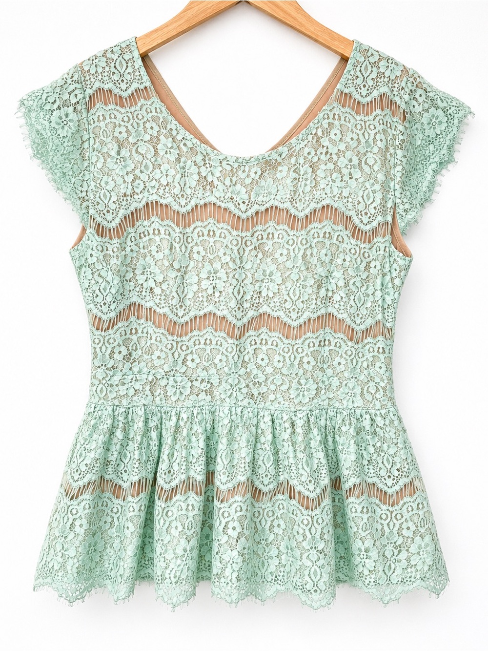 Anthropologie Maeve Mint Green Lace Peplum Blouse Size L Cottagecore Feminine